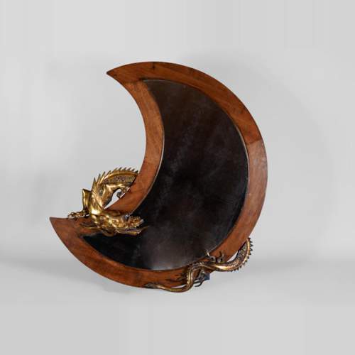 Gabriel VIARDOT (Att. to) - Rare japanese style crescent moon-shaped mirror with bronze dragon