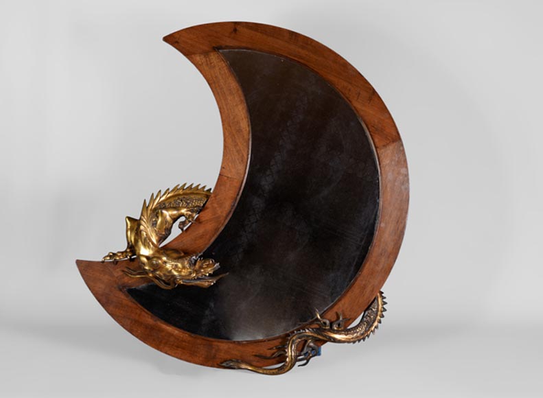 Gabriel VIARDOT (Att. to) - Rare japanese style crescent moon-shaped mirror with bronze dragon-0