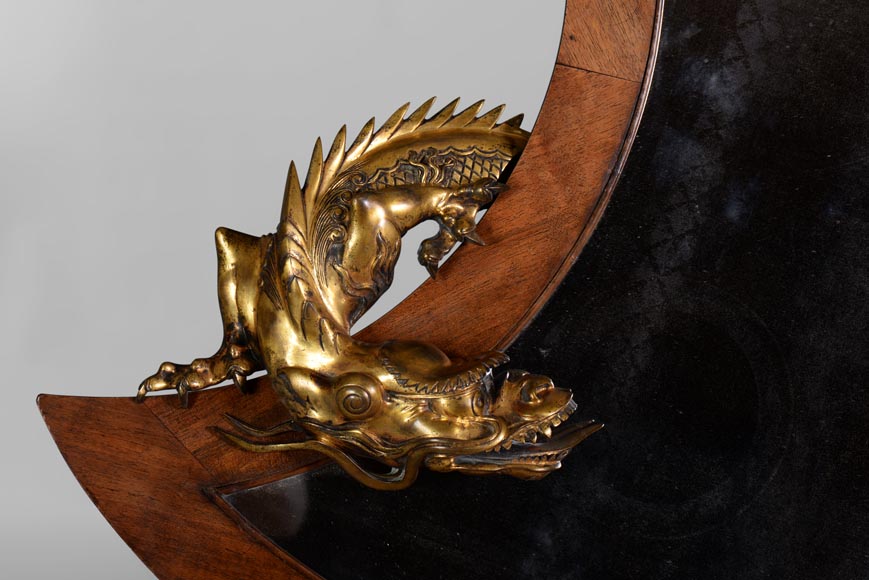 Gabriel VIARDOT (Att. to) - Rare japanese style crescent moon-shaped mirror with bronze dragon-1