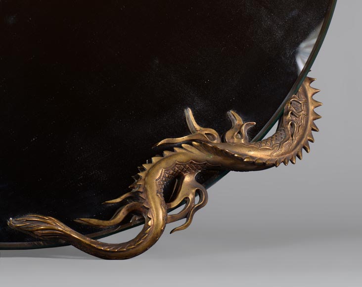 Gabriel VIARDOT (Att. to) - Beautiful japanese style crescent moon-shaped mirror with a dragon in patinated bronze -3