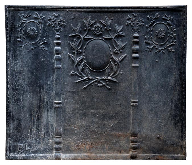 Large antique cast iron fireback with pillars of Hercules and Louis XVI style laurel branches-0