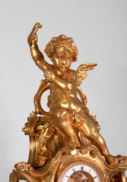 Cupid on a chariot, Napoleon III style clock in gilded bronze-1