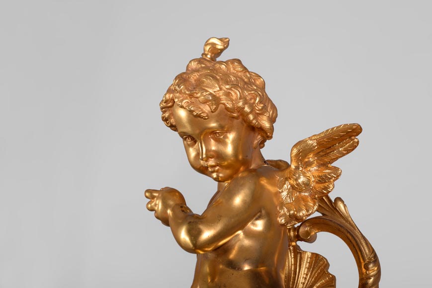 Cupid on a chariot, Napoleon III style clock in gilded bronze-2
