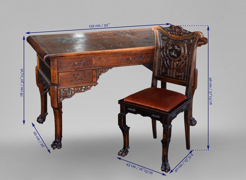 Gabriel VIARDOT (1830-1906) - Japanese style desk with mother-of-pearl decoration and its chair-11