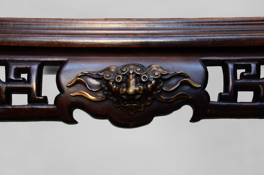 Japanese style table, openwork wooden friezes, top decorated with