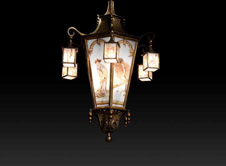 Beautiful Japanese-inspired bronze chandelier with six lanterns and