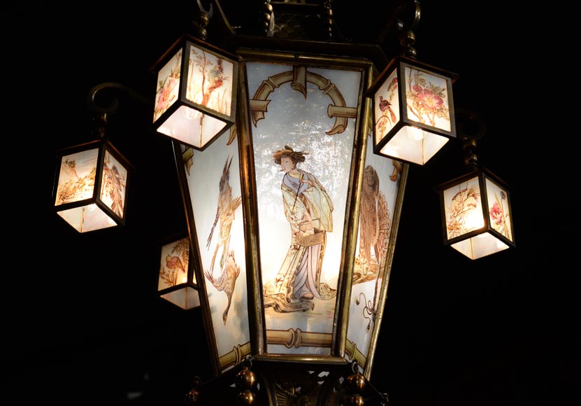 Beautiful Japanese-inspired bronze chandelier with six lanterns and