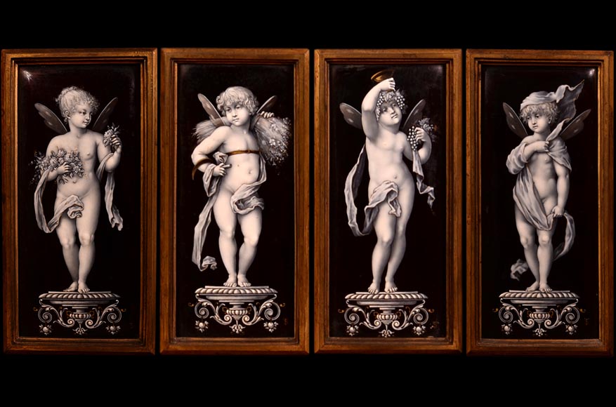 Large Neo-Renaissance style walnut cabinet - Painted enamels