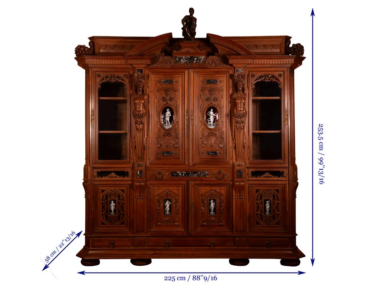Large Neo-Renaissance style walnut cabinet - Painted enamels