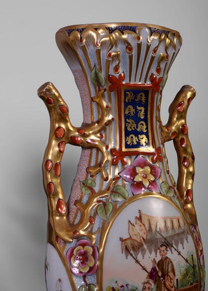 BAYEUX MANUFACTURE - Four vases with polychrome and gold decoration with Chinese-4