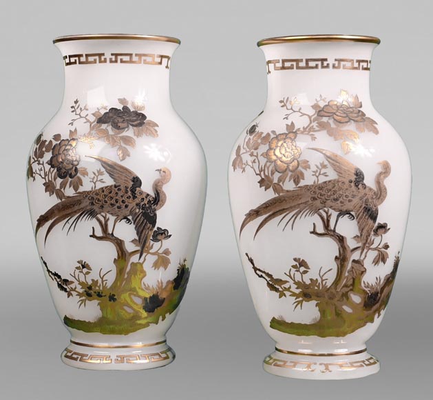 BACCARAT, Pair of Vases With Peacock, Rooster and Wader, circa