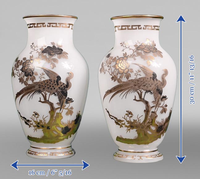 BACCARAT, Pair of Vases With Peacock, Rooster and Wader, circa