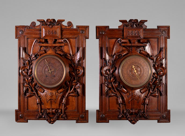 GUERET Frères - Set including an oak clock and barometer-0