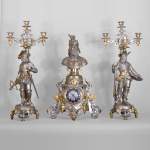 Bearded and armoured warrior clock set in silver and gilded bronze
