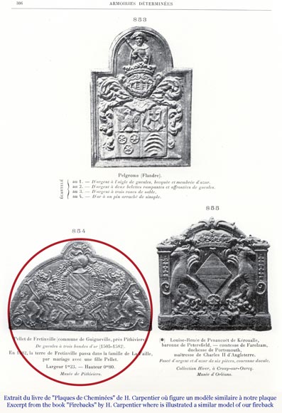 Cast iron fireback with Pellet de Fretinville family coat of arms, 16th century-1