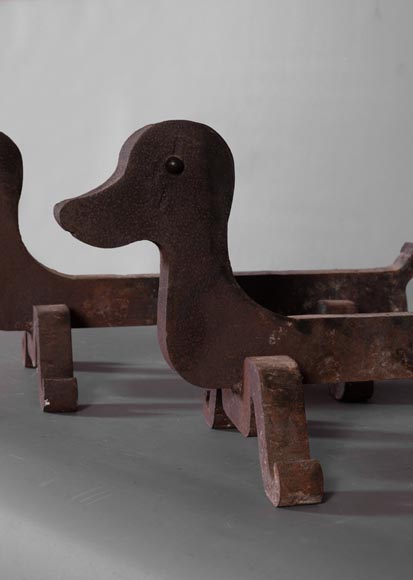 Antique pair of cast iron andirons in the shape of Bassets, 1930's-3