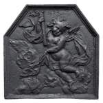 Antique fireback dated 1693 with winged putto holding a torch