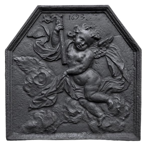 Antique fireback dated 1693 with winged putto holding a torch-0
