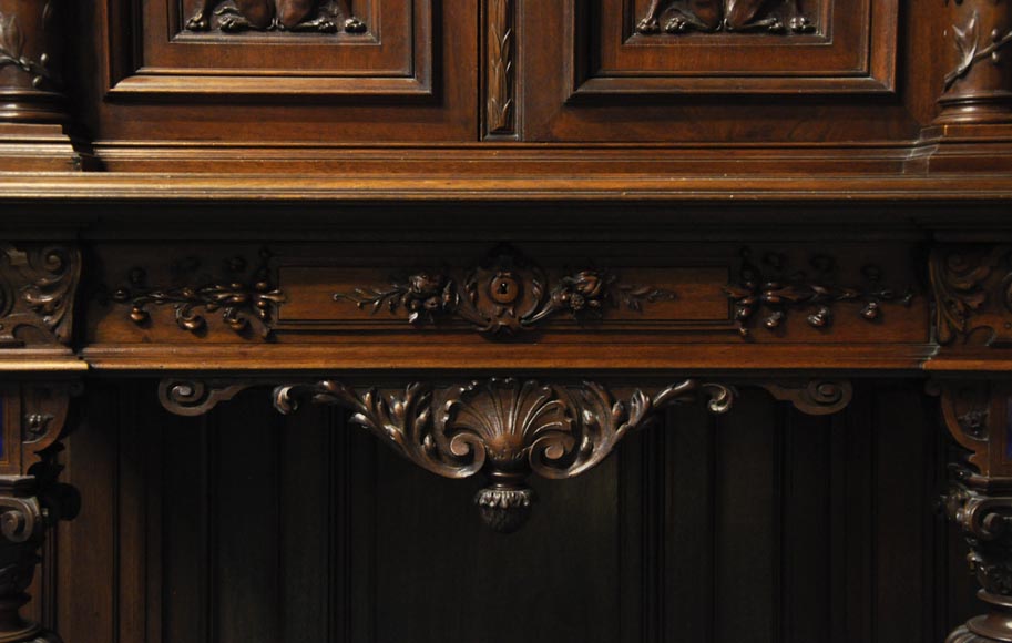 Two-body cabinet, in th Neo-Renaissance style, in carved walnut with enamel and lapis-lazuli inlays-5