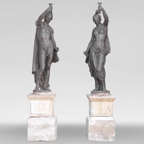Val d'Osne Foundry - Beautiful pair of statues with Indians made of cast iron -0