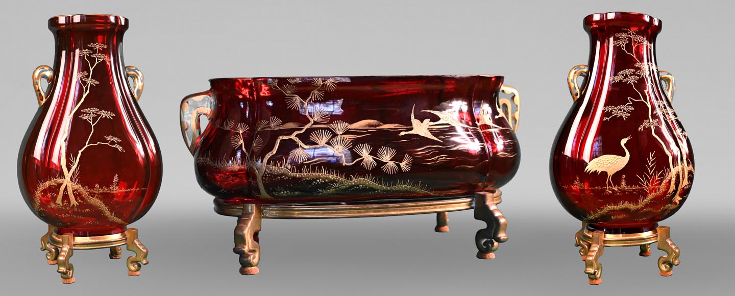 BACCARAT, Garniture with Japanese landscape, circa 1880-0