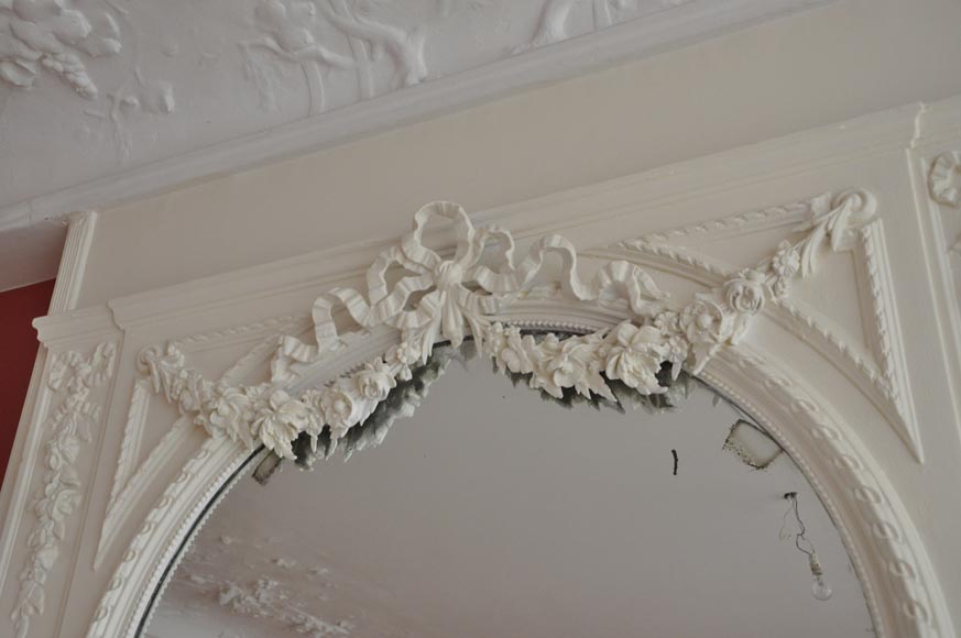 Antique Louis XVI style white overmantel pierglass with garlands of flowers and knot -2