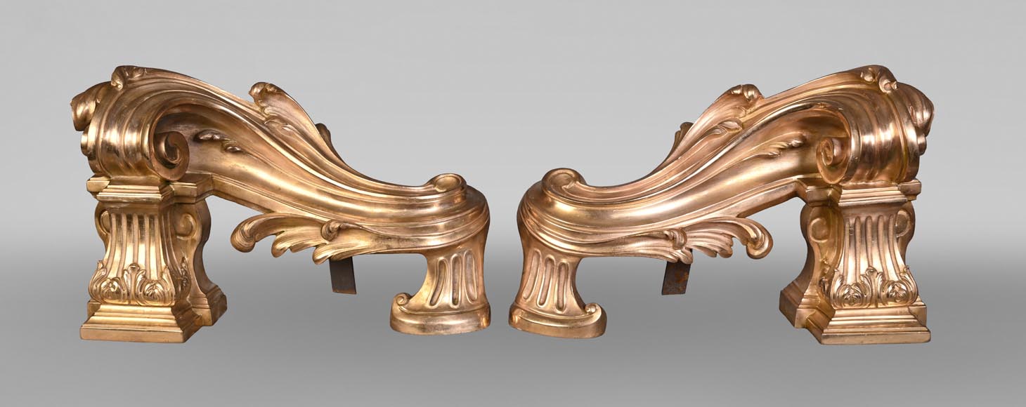 Pair of large-volute gilt bronze andirons, signed Henri Vian, late 19th century-0