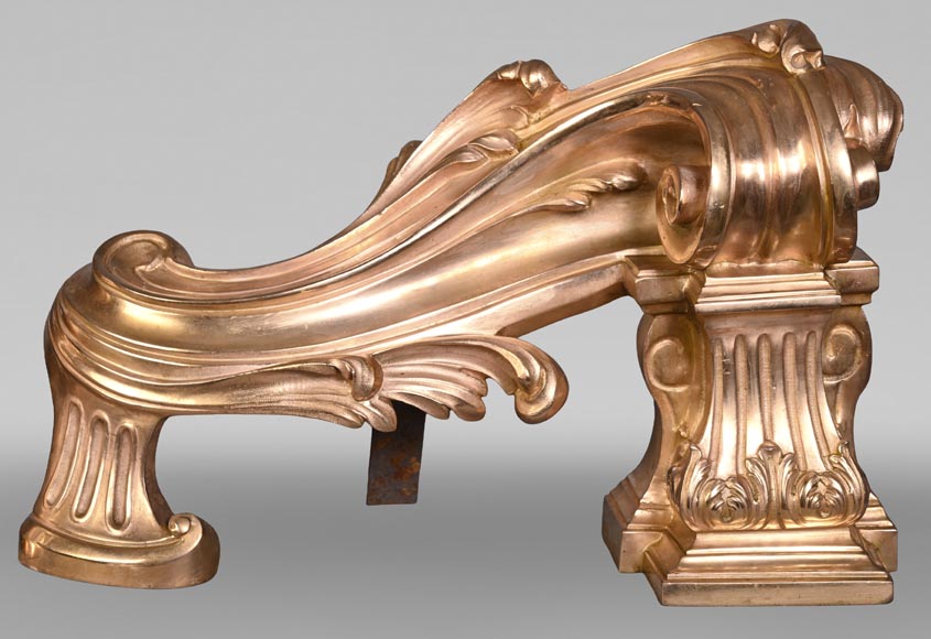 Pair of large-volute gilt bronze andirons, signed Henri Vian, late 19th century-2