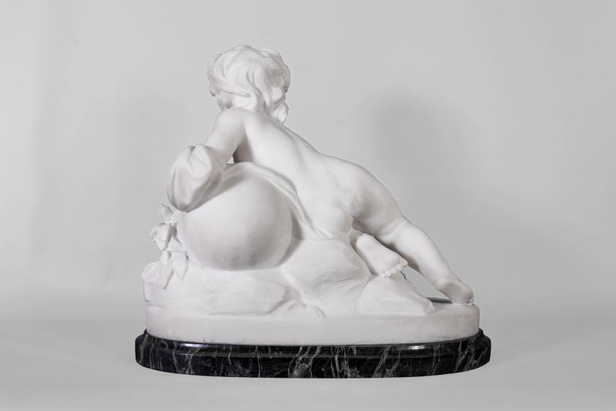 Allegory of a river in the form of a child, Statuary marble sculpture, base made of Vert de mer-2