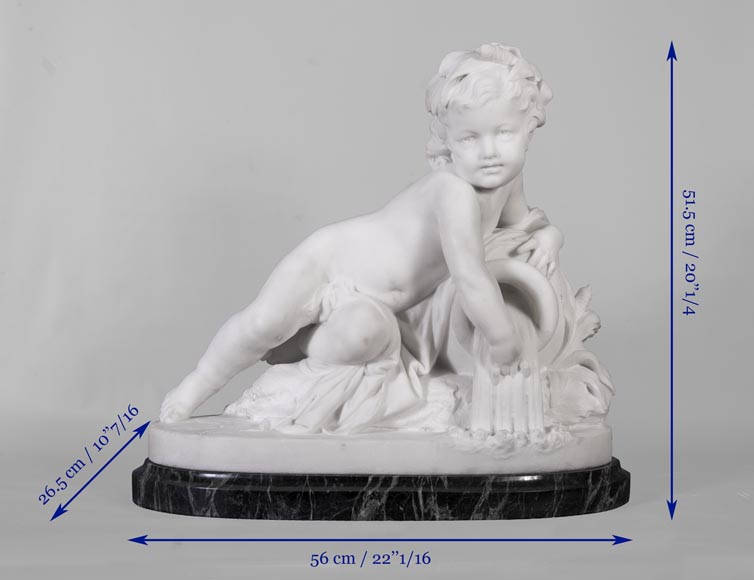 Allegory of a river in the form of a child, Statuary marble sculpture, base made of Vert de mer-3