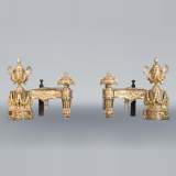 Beautiful pair of antique Louis XVI style andirons in gilt bronze from the 19th century decorated with vases and floral garlands