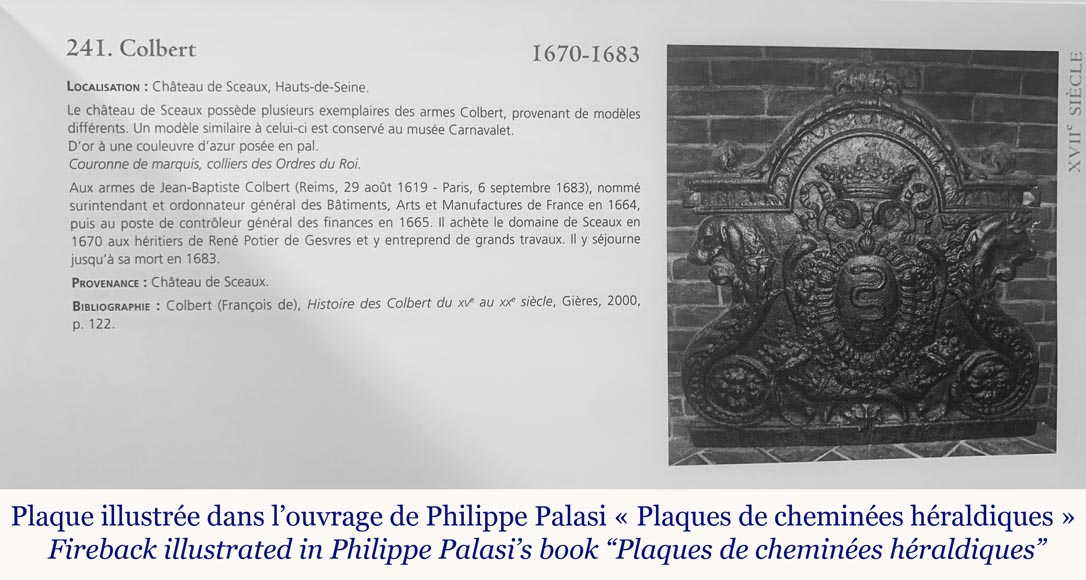 Exceptional antique cast iron fireback with the coat of arms of Jean-Baptiste Colbert, marquis of Seignelay-1