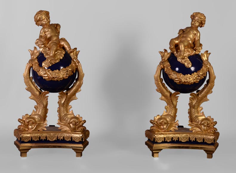 Exceptional Pair Of Napoleon Iii Style Andirons With Putti Made Of
