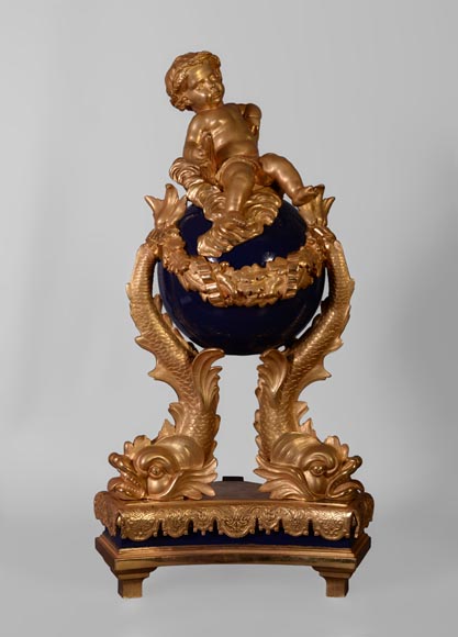 Exceptional pair of Napoleon III style andirons with putti made of gilt bronze and blue lacquered bronze -1