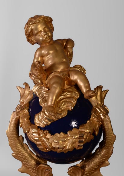 Exceptional pair of Napoleon III style andirons with putti made of gilt bronze and blue lacquered bronze -2