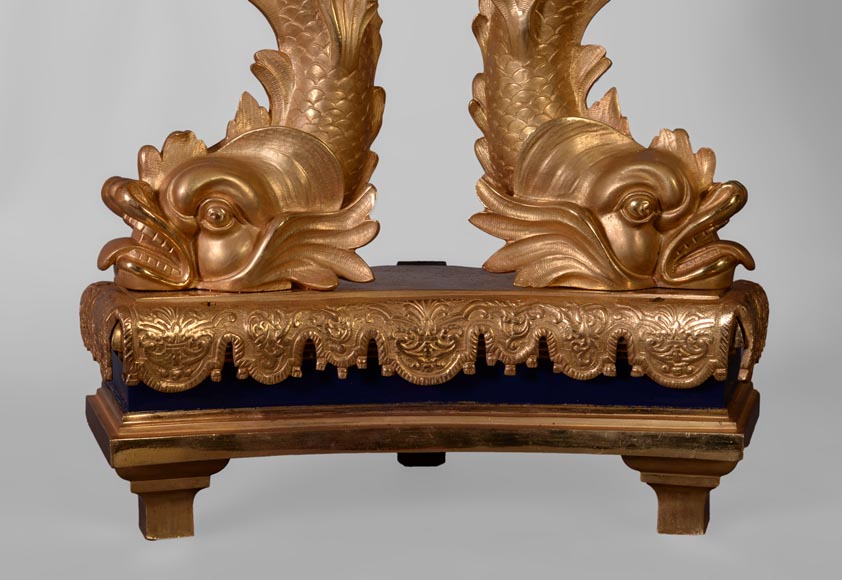 Exceptional pair of Napoleon III style andirons with putti made of gilt bronze and blue lacquered bronze -4