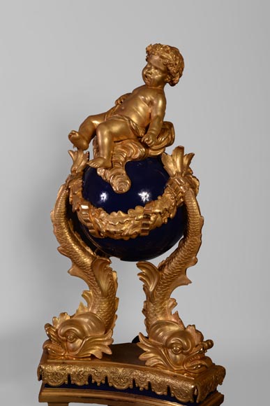 Exceptional pair of Napoleon III style andirons with putti made of gilt bronze and blue lacquered bronze -6