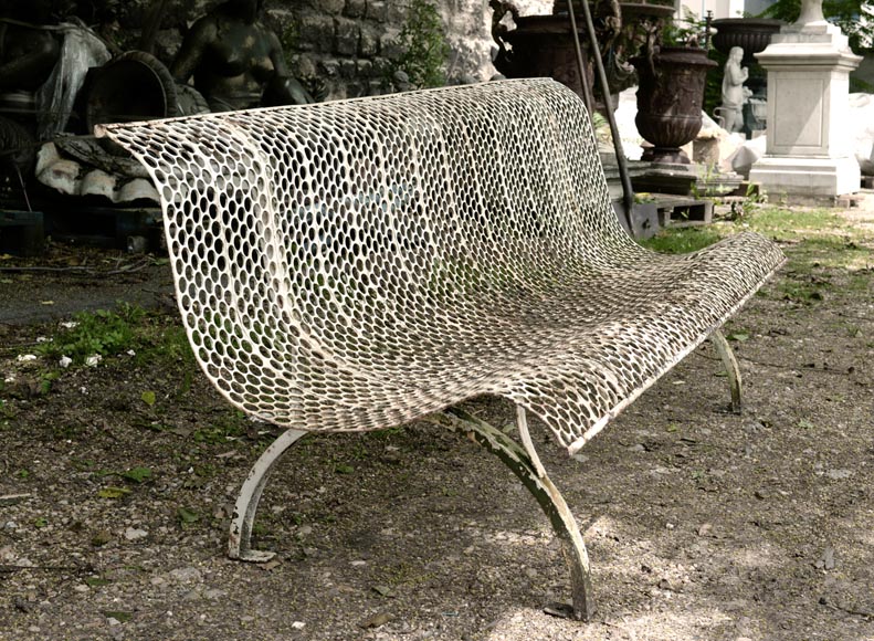 Antique white garden bench with perforated decoration, 1930s-1