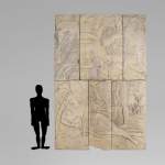Maternity and Agriculture, important monumental Art Deco bas-relief in composite stone, signed
