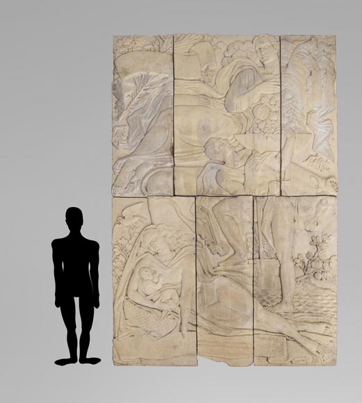 Maternity and Agriculture, important monumental Art Deco bas-relief in composite stone, signed-0