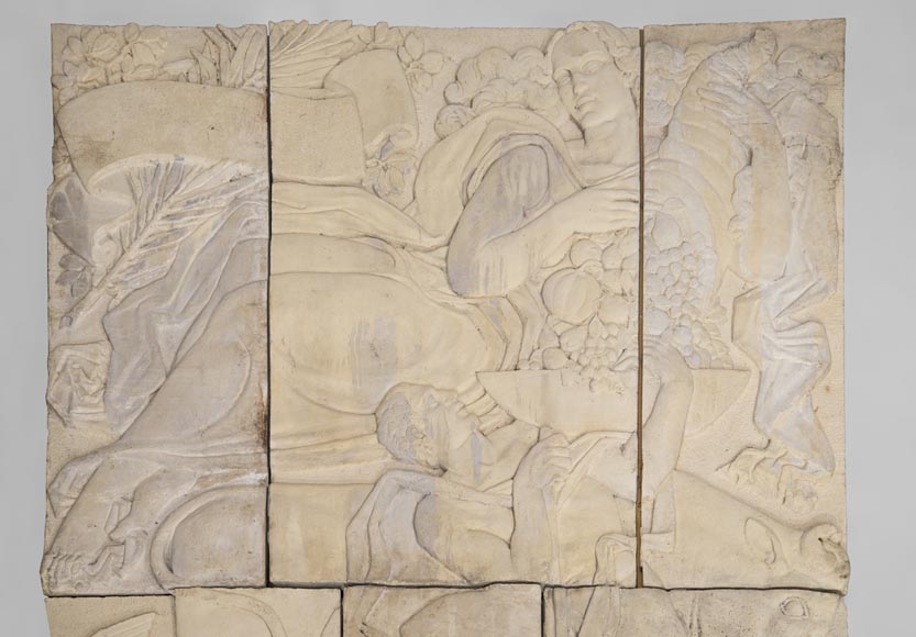 Maternity and Agriculture, important monumental Art Deco bas-relief in composite stone, signed-1