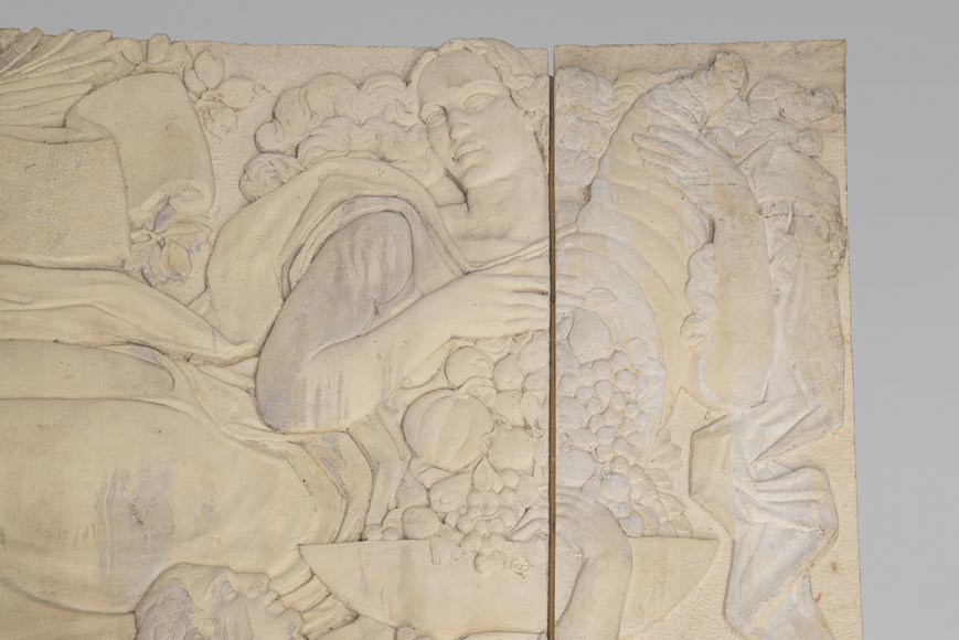 Maternity and Agriculture, important monumental Art Deco bas-relief in composite stone, signed-2