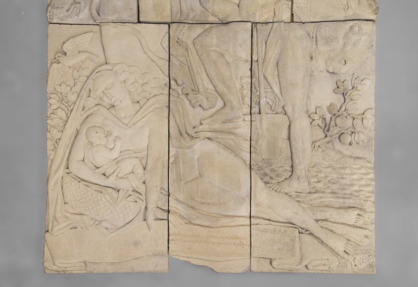 Maternity and Agriculture, important monumental Art Deco bas-relief in composite stone, signed-4