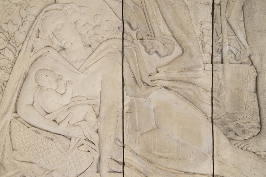Maternity and Agriculture, important monumental Art Deco bas-relief in composite stone, signed-5