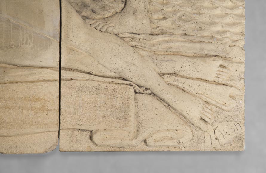Maternity and Agriculture, important monumental Art Deco bas-relief in composite stone, signed-6