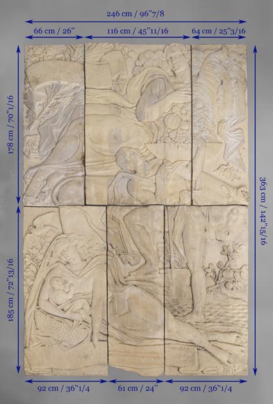 Maternity and Agriculture, important monumental Art Deco bas-relief in composite stone, signed-9