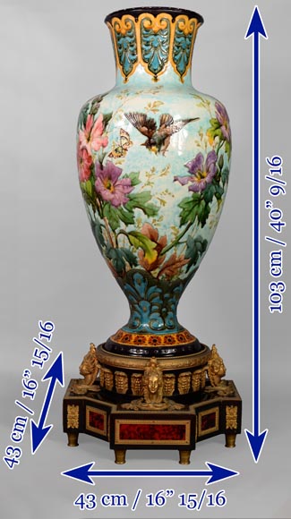 Very beautiful and important baluster Napoleon III vase in porcelain on a base with scales and wood veneer-12