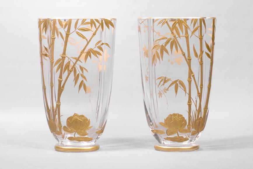 Pair of gilded crystal vases, with bamboo decoration-0