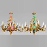 Pair of gilt bronze and blue and pink porcelain chandeliers dating from the Napoleon III reign