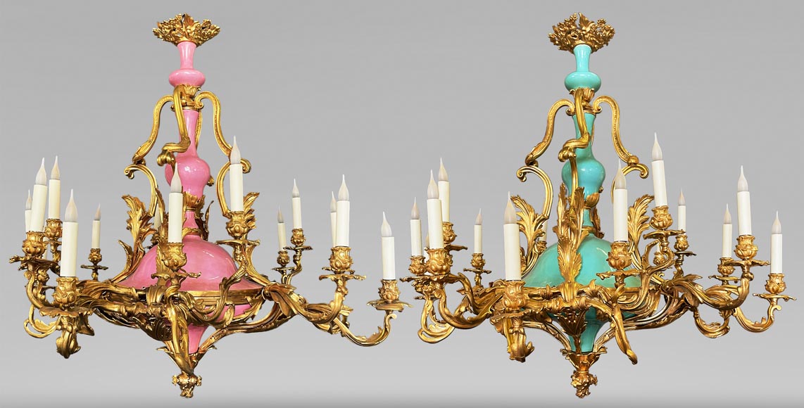 Pair of gilt bronze and blue and pink porcelain chandeliers dating from the Napoleon III reign-0